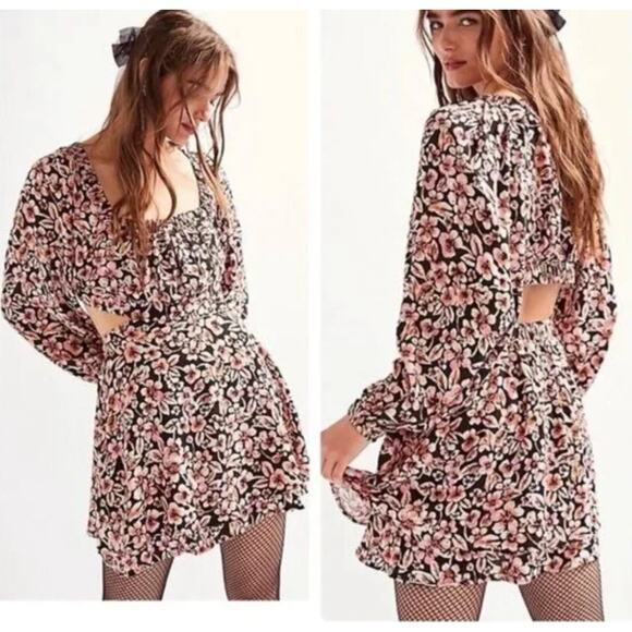 Free People Boho Jael Cut-Out Floral Mini Long Sleeve Dress Cottagecore MEDIUM - Picture 2 of 12